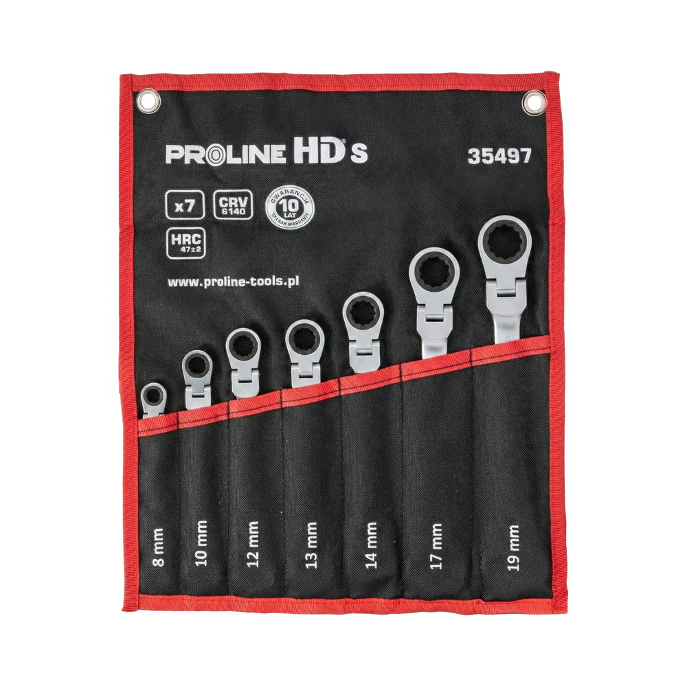 Klucze oczkowo-płaskie przegubowe grzechotka 7 elementów 8-19 mm Proline 35497