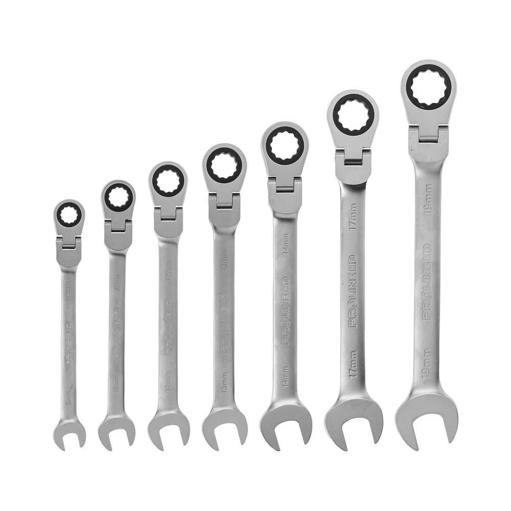 Klucze oczkowo-płaskie przegubowe grzechotka 7 elementów 8-19 mm Proline 35497