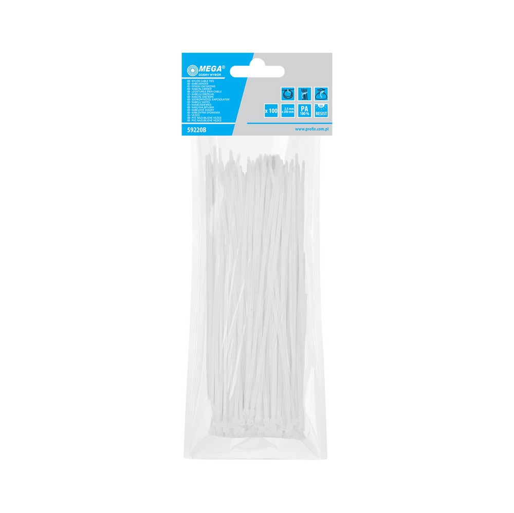 Opaski zaciskowe 2,5x200 mm białe 100 sztuk Mega 59220B