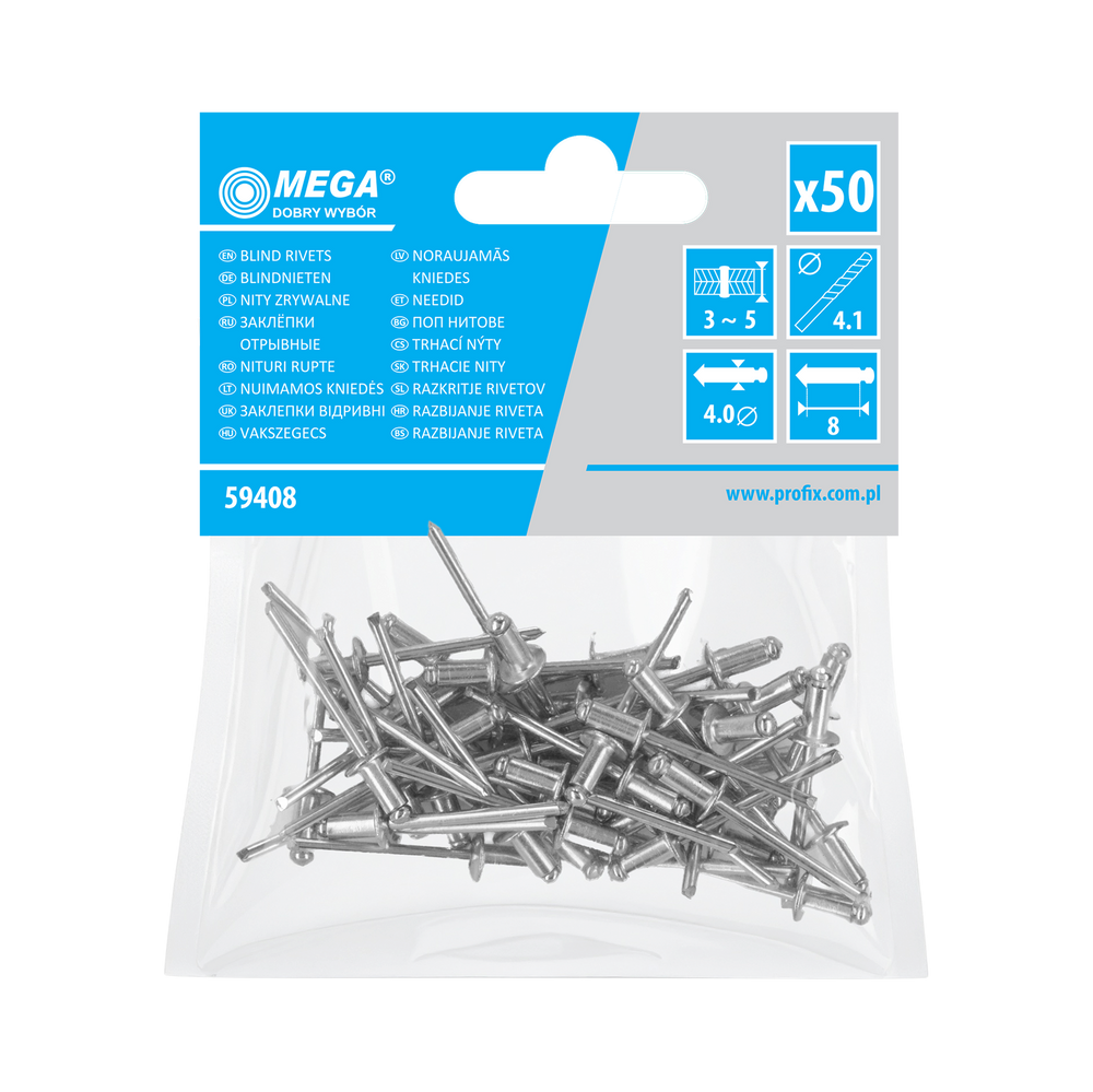 Nit aluminiowy zrywalny 4,0x 8 mm 50 sztuk Mega 59408