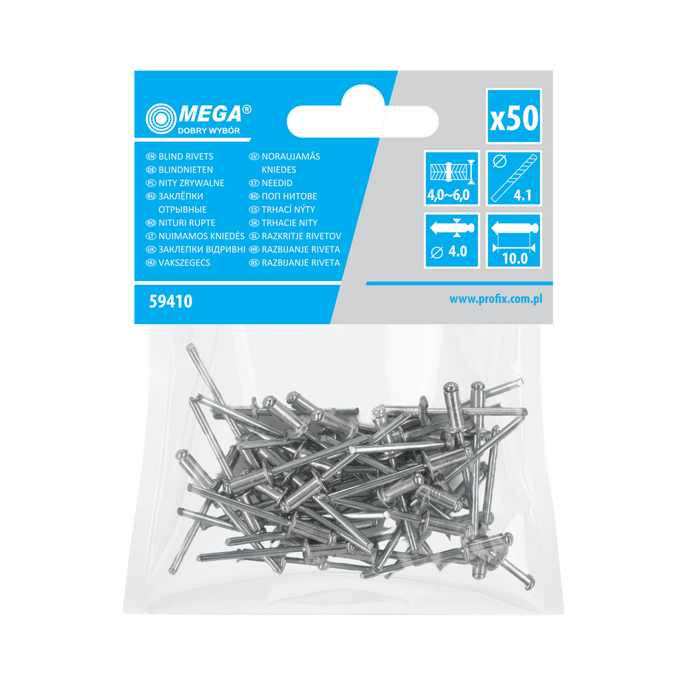 Nit aluminiowy zrywalny 4,0x10 mm 50 sztuk Mega 59410
