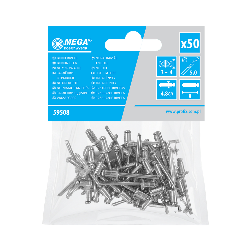 Nit aluminiowy zrywalny 4,8x 8 mm 50 sztuk Mega 59508