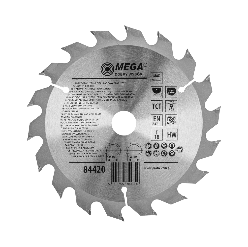 Piła tarczowa do drewna mdf laminatu z węglikiem spiekanym 160x20/16 mm 18T Mega 84420
