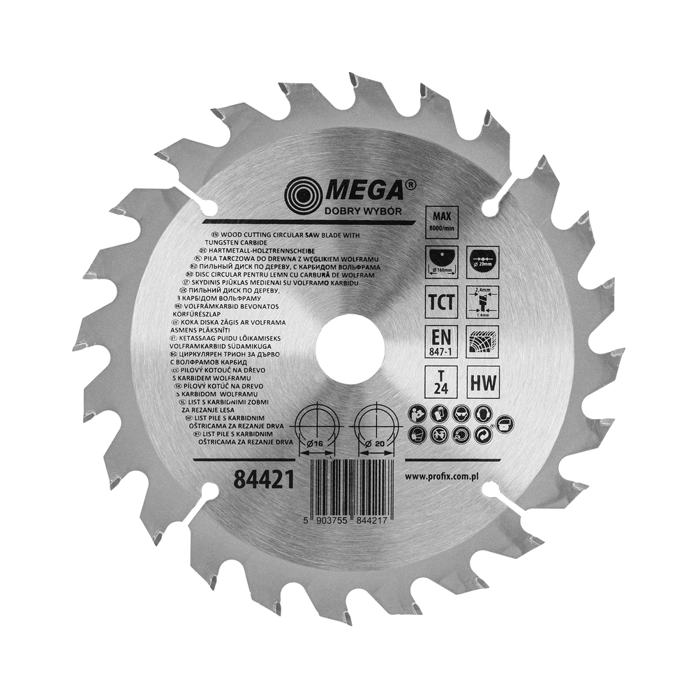 Piła tarczowa do drewna mdf laminatu z węglikiem spiekanym 160x20/16 mm 24T Mega 84421