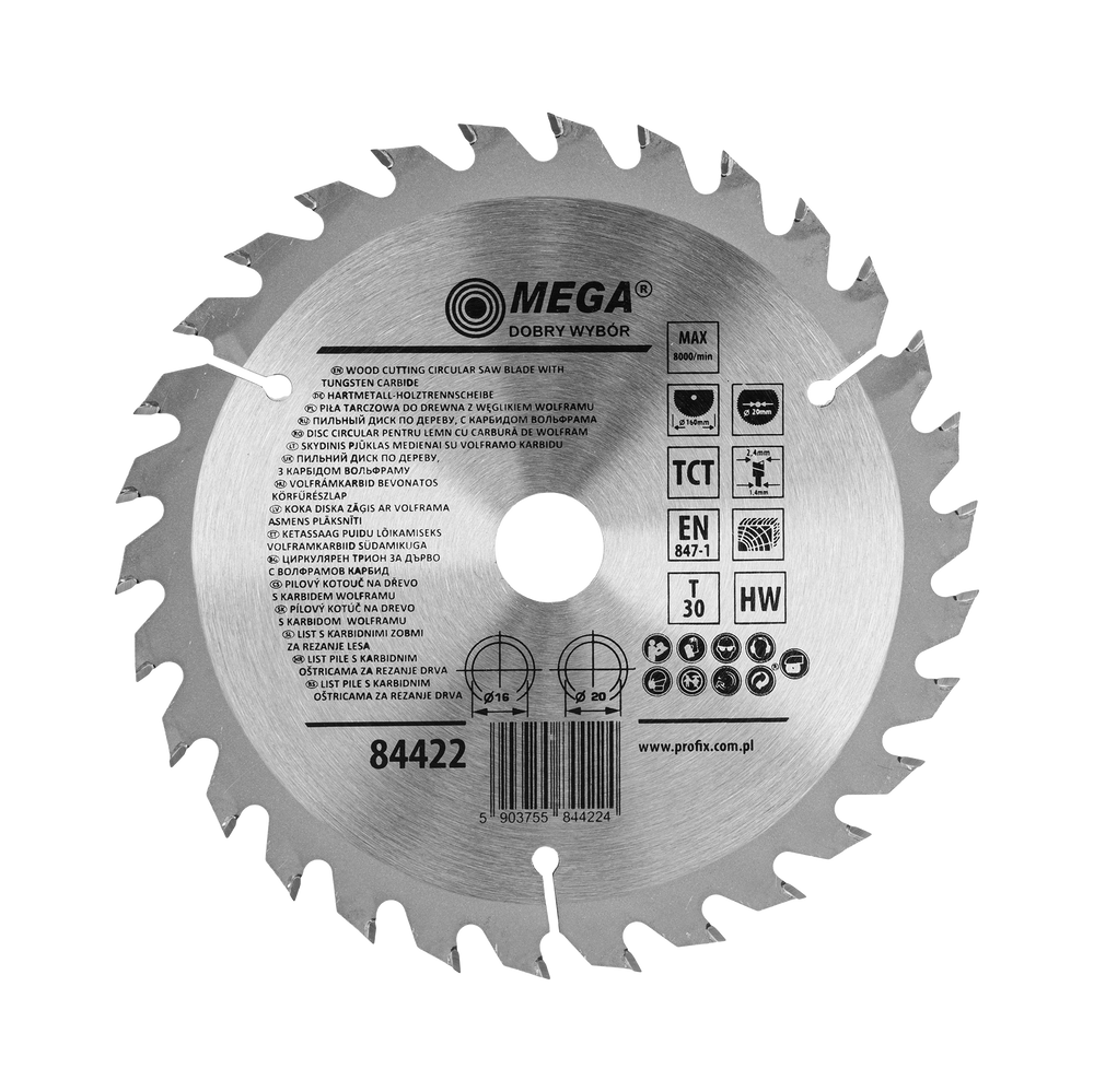 Piła tarczowa do drewna mdf laminatu z węglikiem spiekanym 160x20/16 mm 30T Mega 84422
