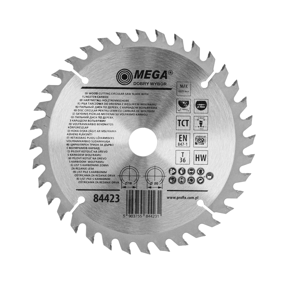 Piła tarczowa do drewna mdf laminatu z węglikiem spiekanym 160x20/16 mm 36T Mega 84423