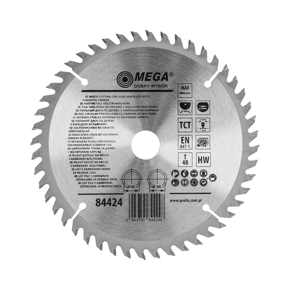 Piła tarczowa do drewna mdf laminatu z węglikiem spiekanym 160x20/16 mm 48T Mega 84424