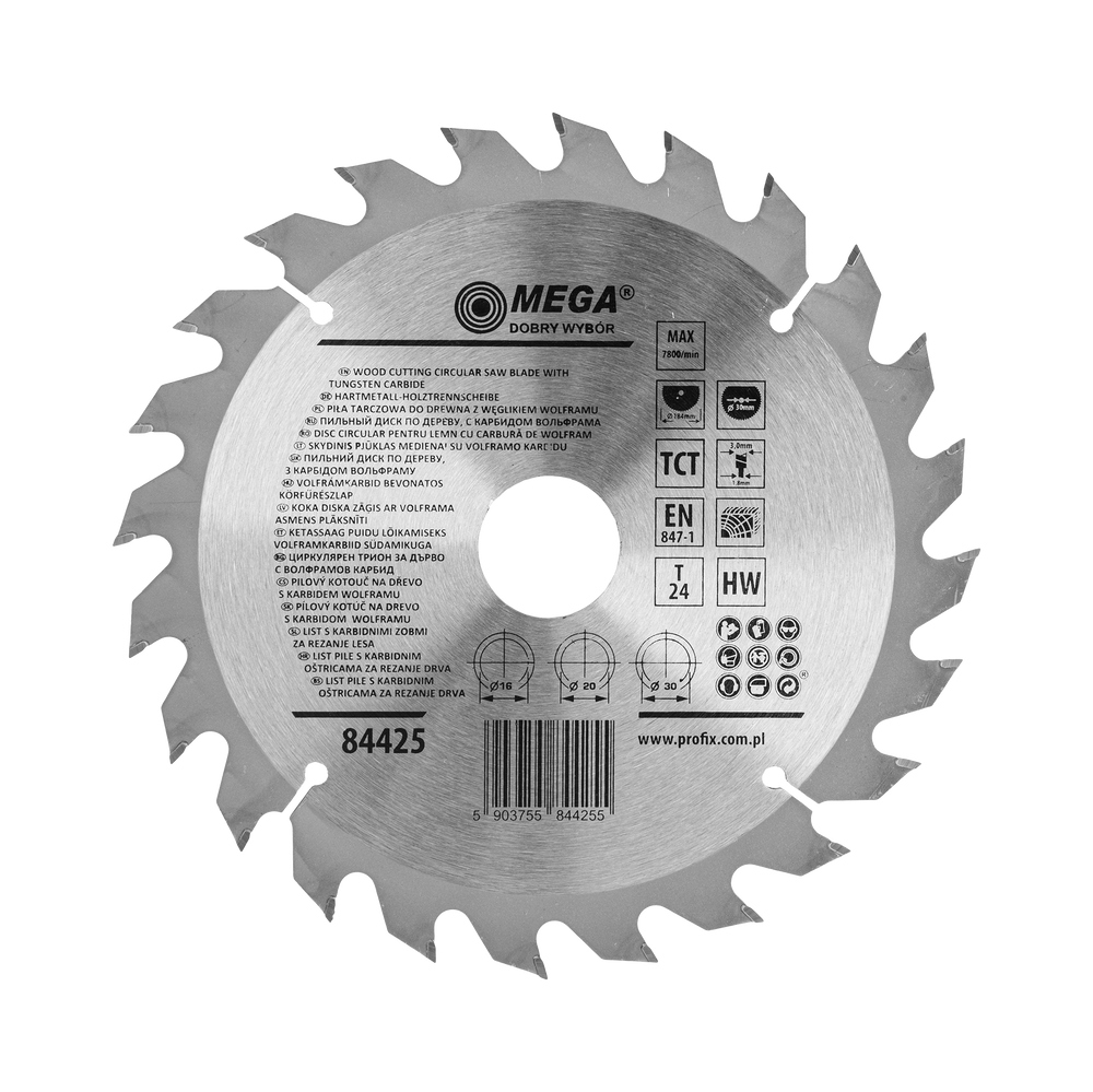 Piła tarczowa do drewna mdf laminatu z węglikiem spiekanym 184x30/20/16 mm 24T Mega 84425
