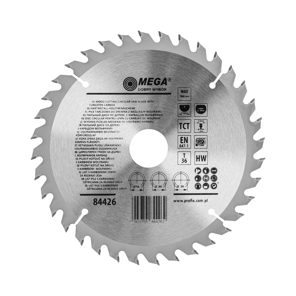 Piła tarczowa do drewna mdf laminatu z węglikiem spiekanym 184x30/20/16 mm 36T Mega 84426