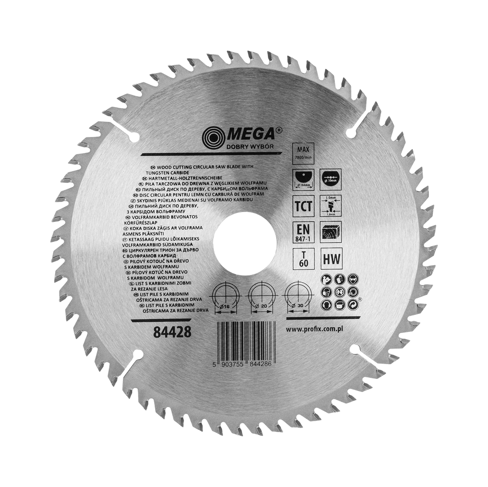 Piła tarczowa do drewna mdf laminatu z węglikiem spiekanym 184x30/20/16 mm 60T Mega 84428