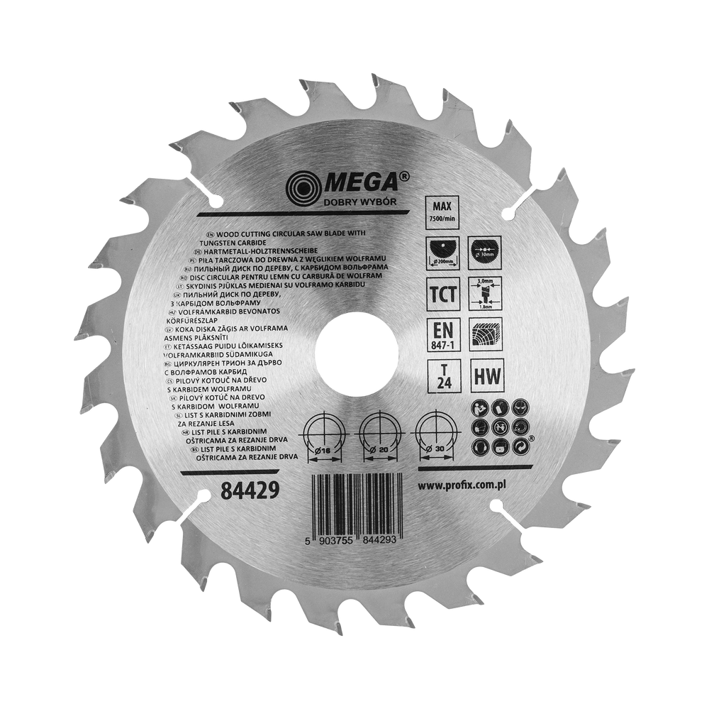 Piła tarczowa do drewna mdf laminatu z węglikiem spiekanym 200x30/20/16 mm 24T Mega 84429