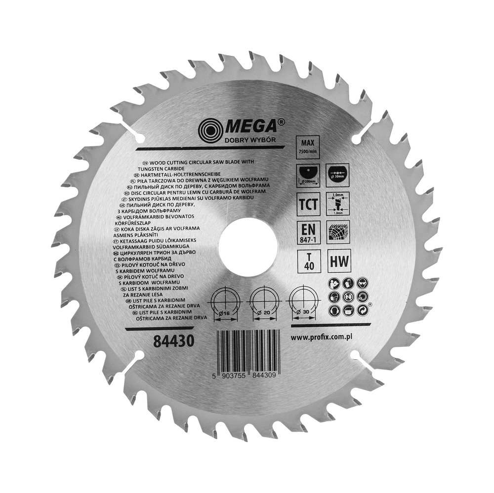 Piła tarczowa do drewna mdf laminatu z węglikiem spiekanym 200x30/20/16 mm 40T Mega 84430