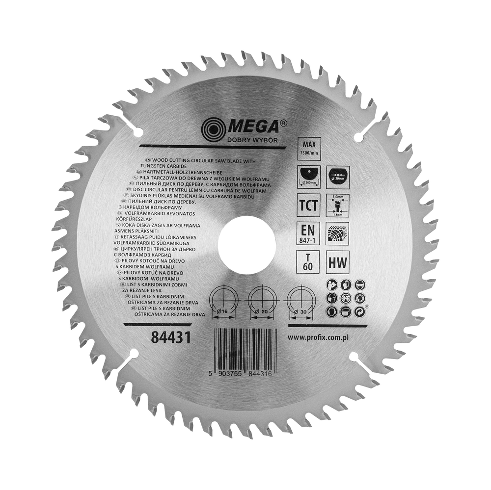 Piła tarczowa do drewna mdf laminatu z węglikiem spiekanym 200x30/20/16 mm 60T Mega 84431