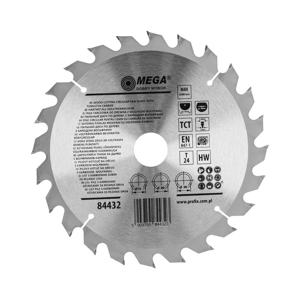 Piła tarczowa do drewna mdf laminatu z węglikiem spiekanym 210x30/20/16 mm 24T Mega 84432