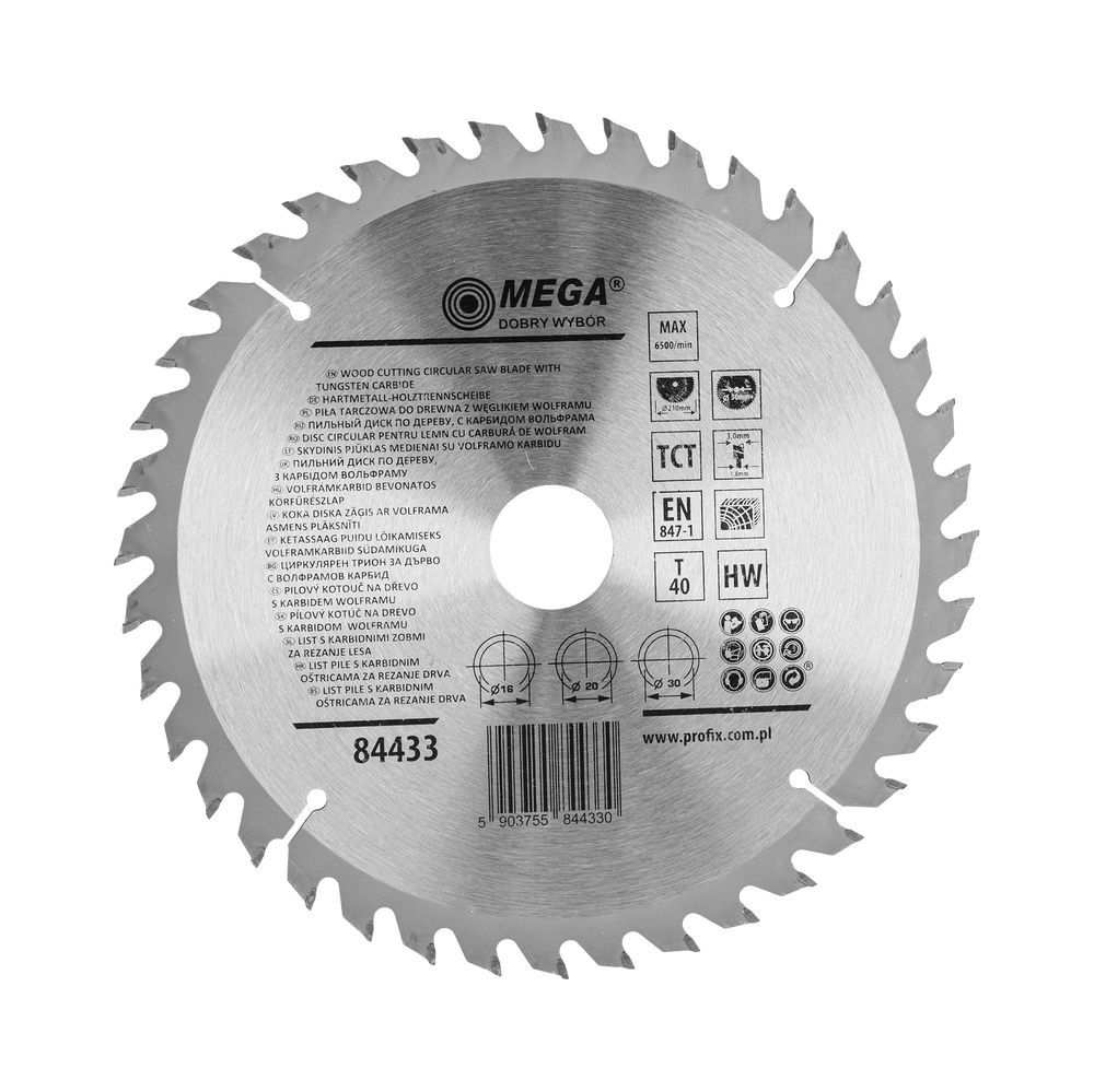 Piła tarczowa do drewna mdf laminatu z węglikiem spiekanym 210x30/20/16 mm 40T Mega 84433