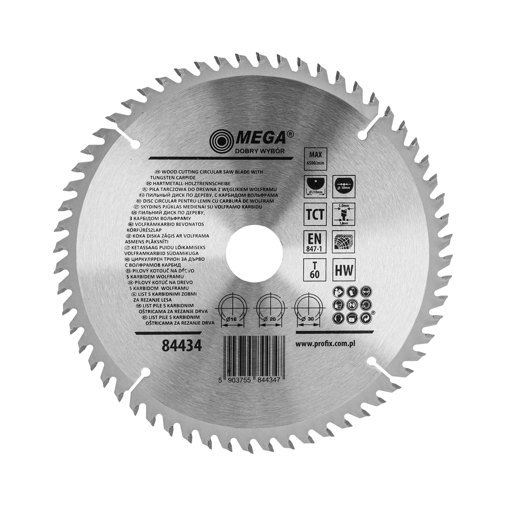 Piła tarczowa do drewna mdf laminatu z węglikiem spiekanym 210x30/20/16 mm 60T Mega 84434