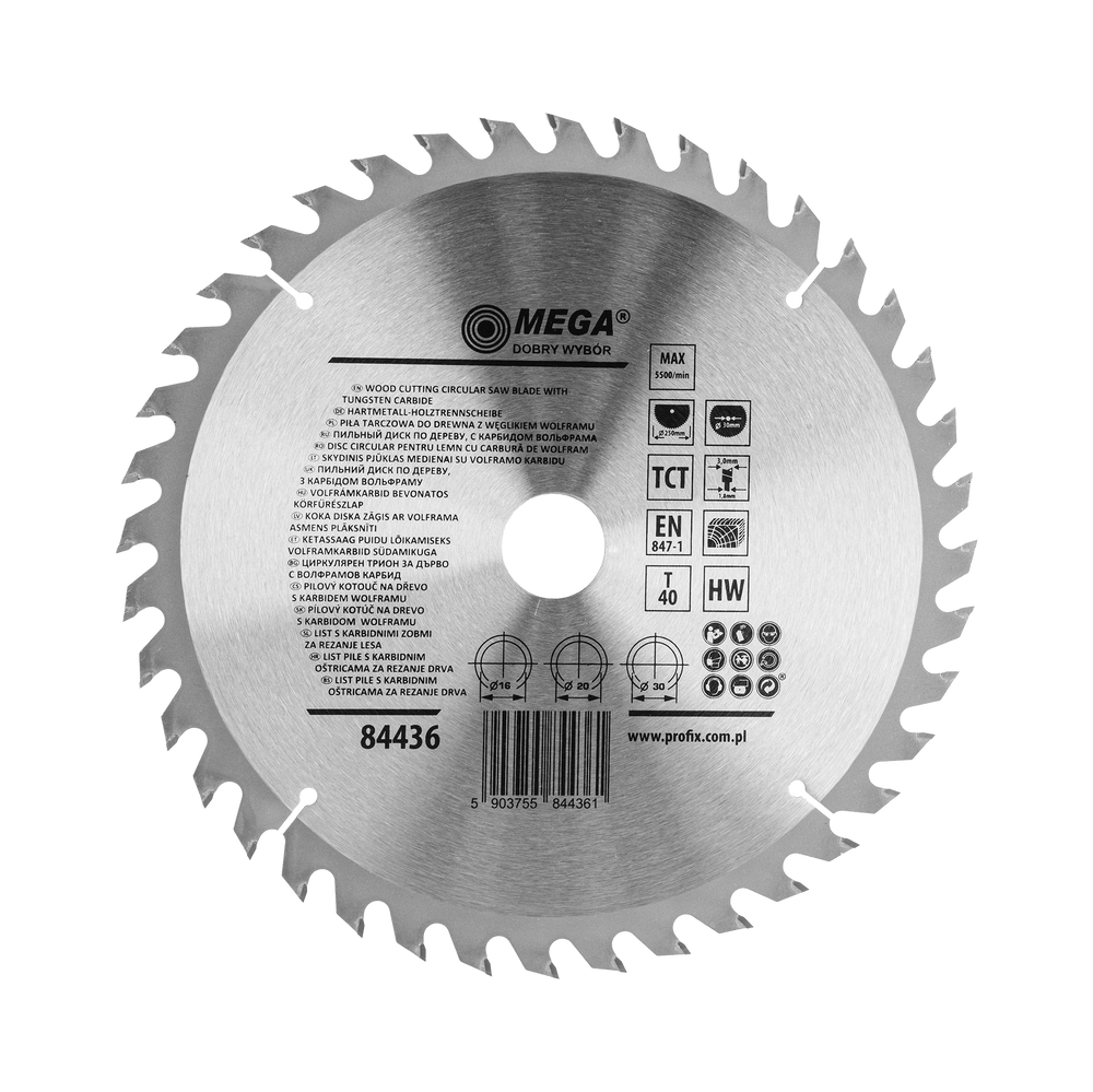 Piła tarczowa do drewna mdf laminatu z węglikiem spiekanym 250x30/20/16 mm 40T Mega 84436