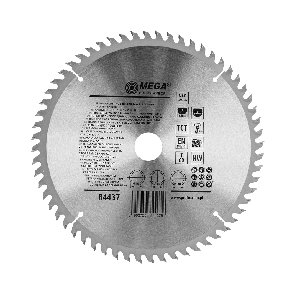 Piła tarczowa do drewna mdf laminatu z węglikiem spiekanym 250x30/20/16 mm 60T Mega 84437