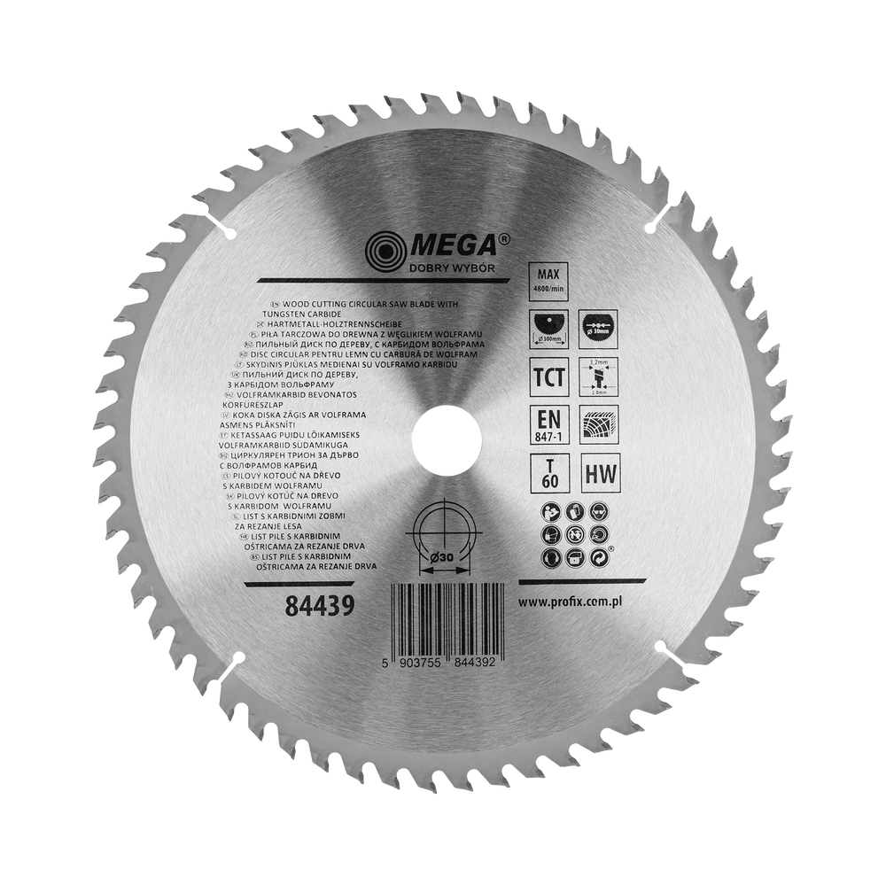 Piła tarczowa do drewna mdf laminatu z węglikiem spiekanym 300x30 mm 60T Mega 84439