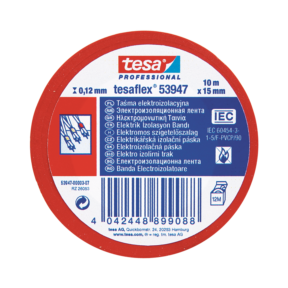 Taśma elektroizolacyjna 5000 V PCW 10m:15 mm czerwona Tesa H5398820