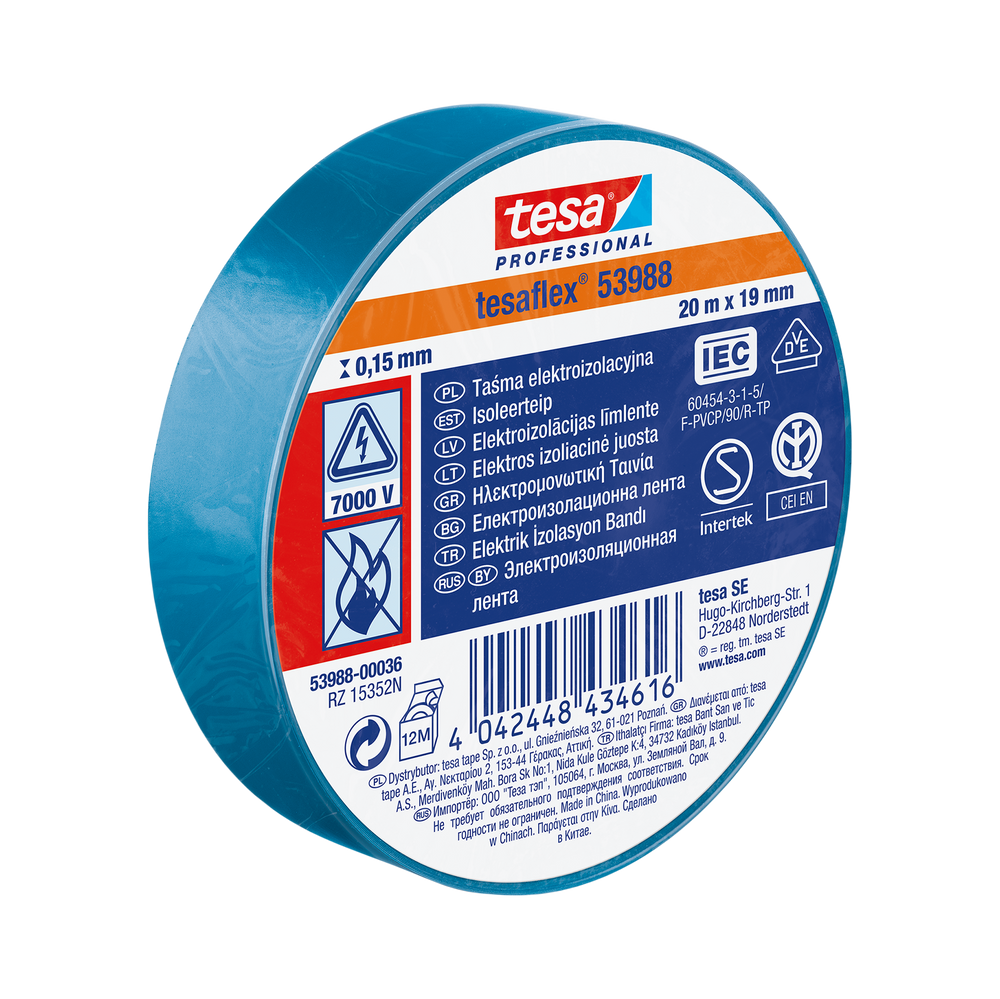 Taśma elektroizolacyjna 5000 V PCW 20m:19 mm niebieska Tesa H5398836