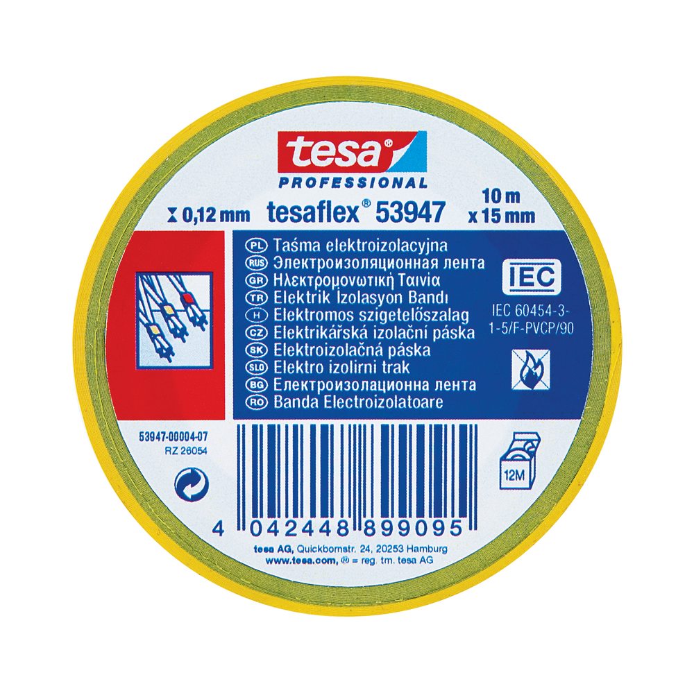 Taśma elektroizolacyjna 5000 V PCW 20m:19 mm zielono-żółta Tesa H5398881