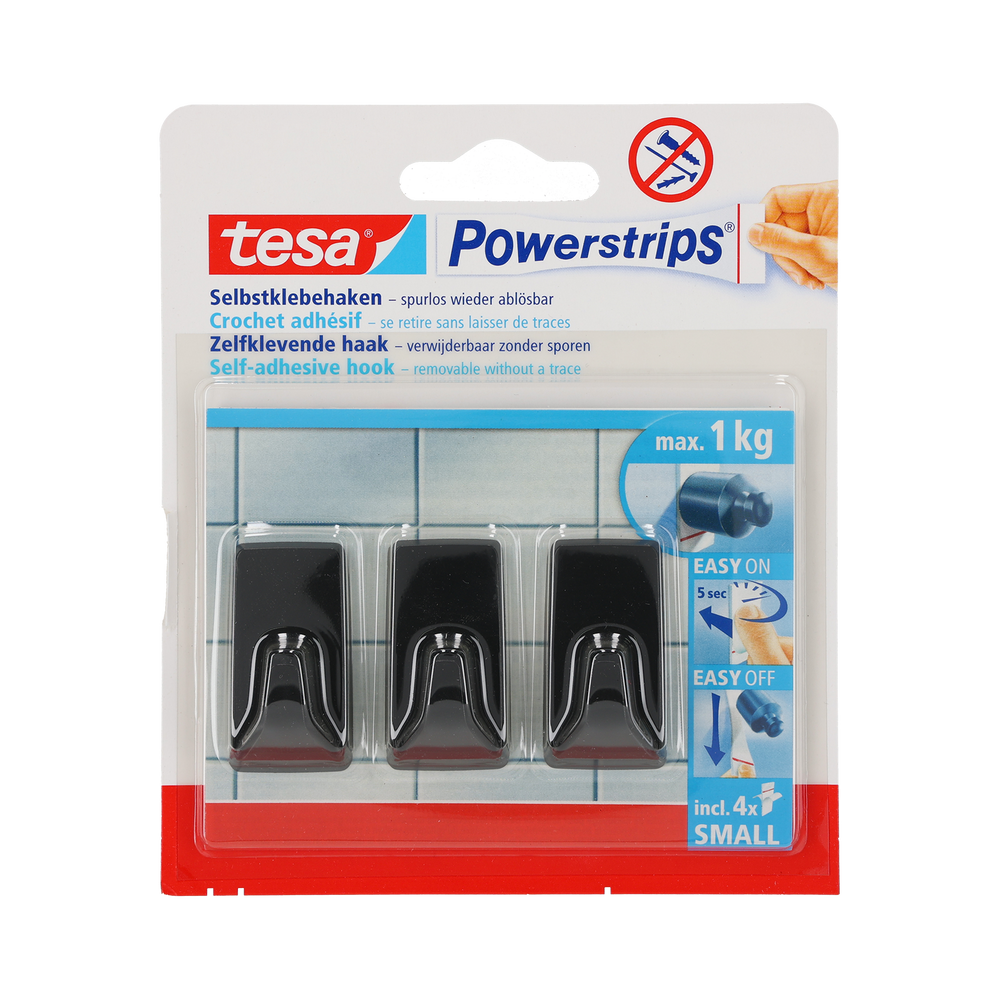 Haczyki samoprzylepne powerstrips 3 sztuki prostokątne małe czarne Tesa H5827800