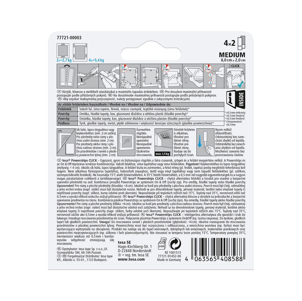Rzep samoprzylepny click powerstrips 4 pary rozmiar m 80mmx20 mm biały Tesa H7772103