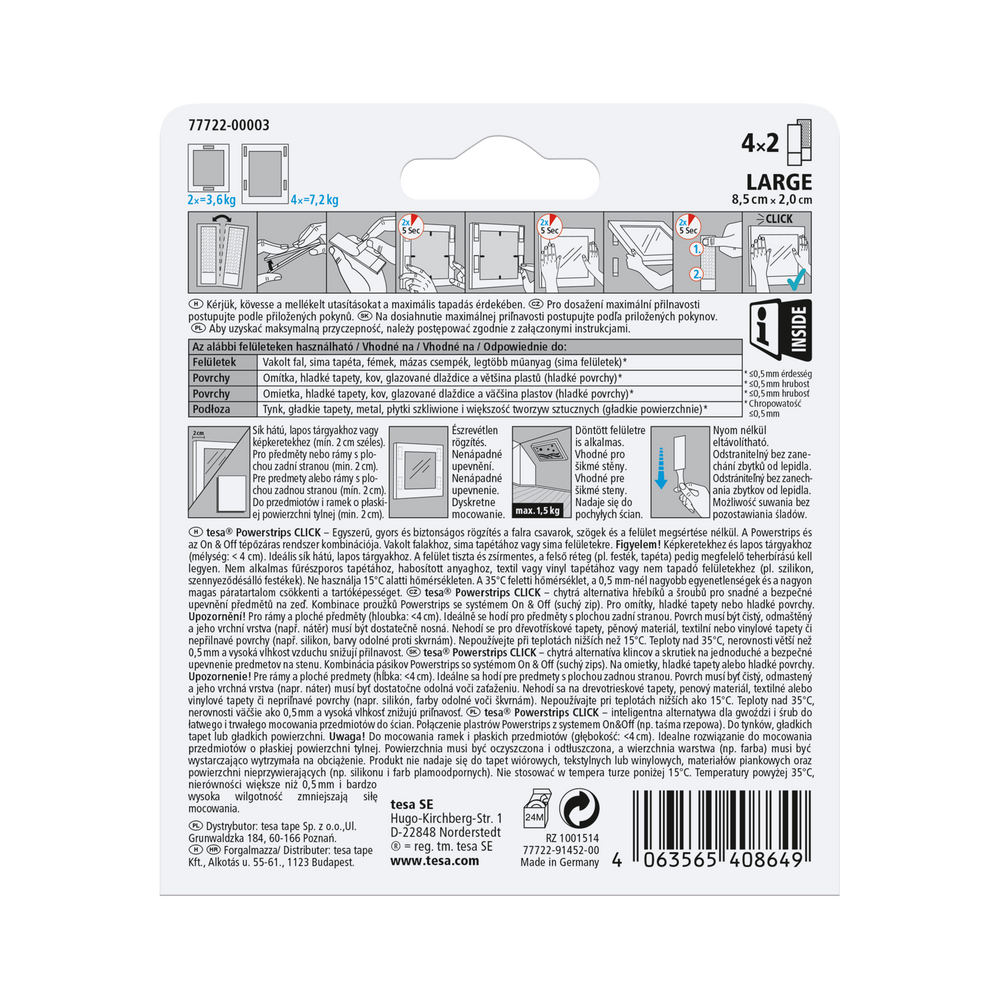 Rzep samoprzylepny click powerstrips 4 pary rozmiar L 85mmx20 mm biały Tesa H7772203